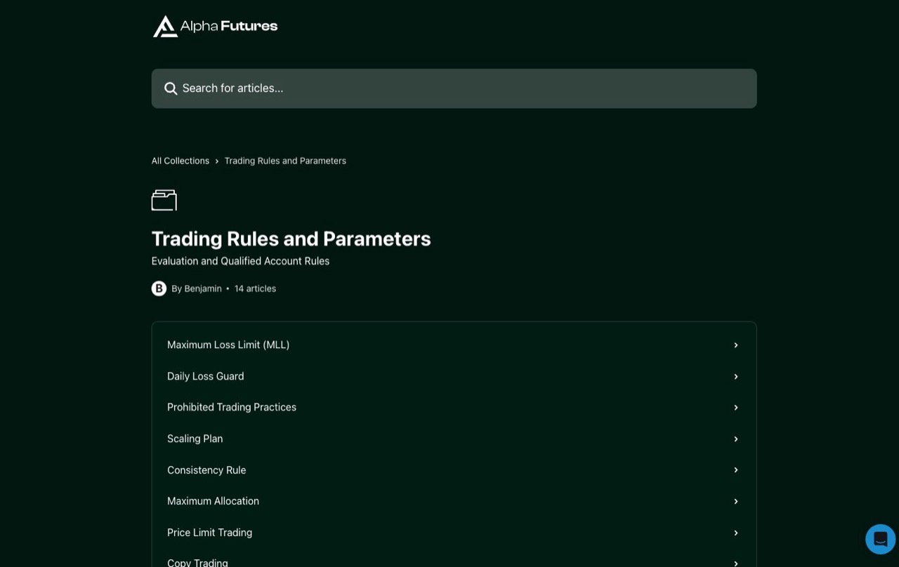 Alpha Futures help centre listing the trading rules and parameters articles, including Maximum Loss Limit and Daily Loss Guard