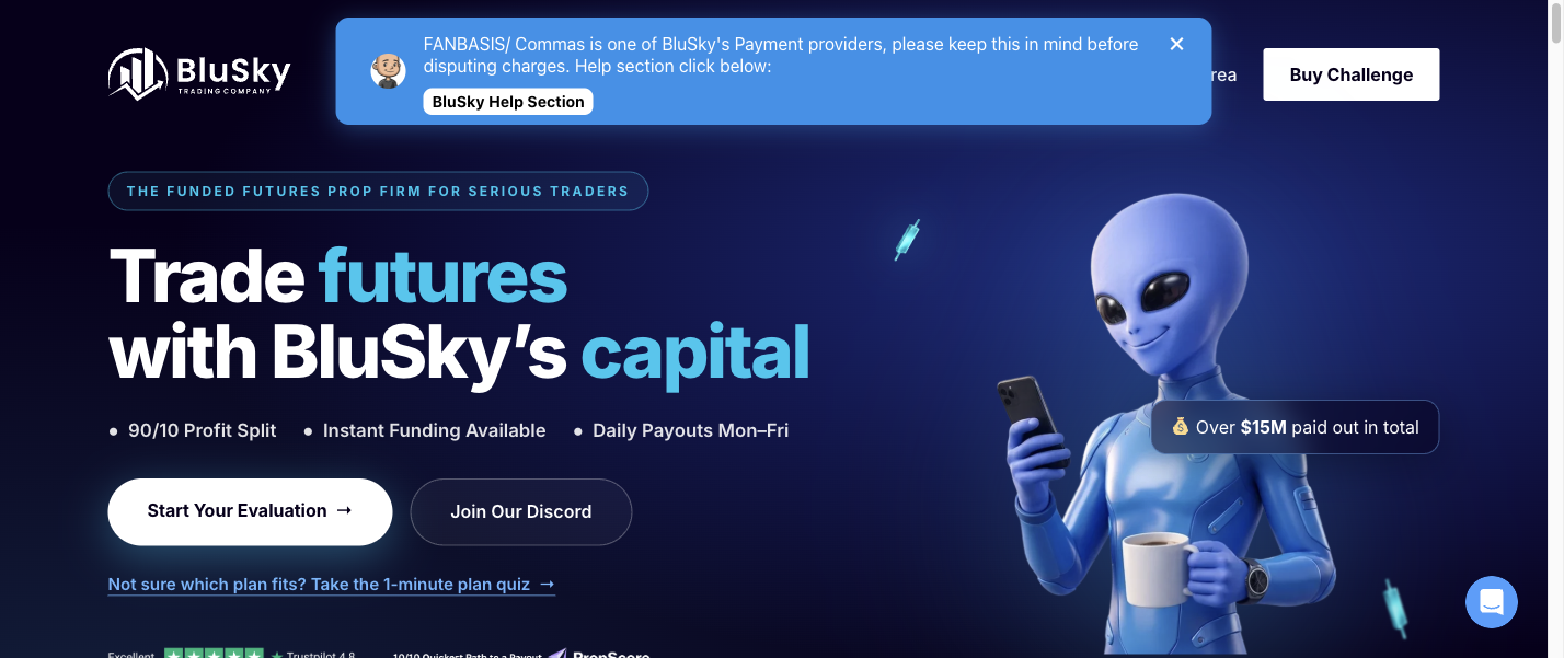 BluSky public homepage advertising futures evaluations, instant funding and daily payouts.