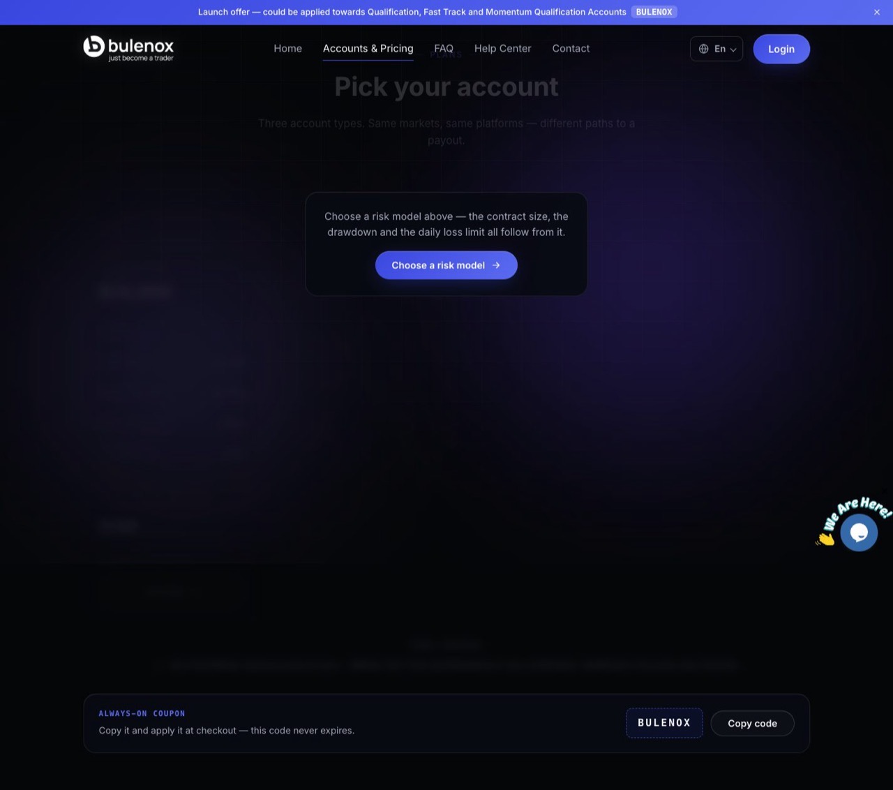 Bulenox accounts and pricing page showing the plan picker and account types