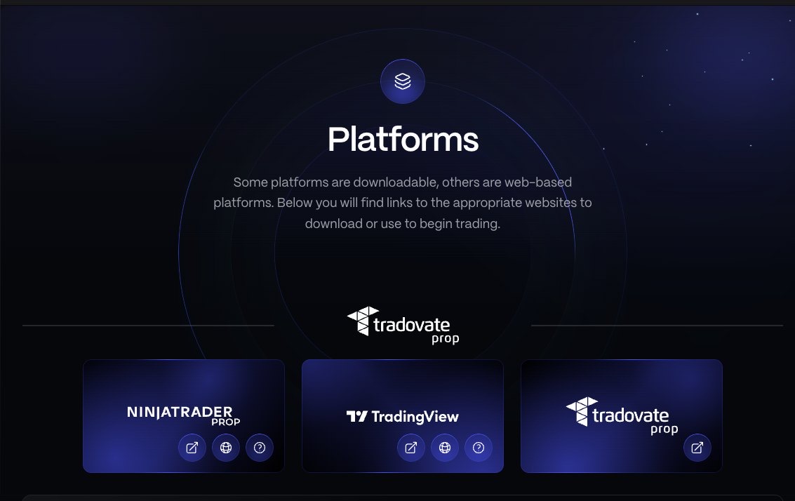 Inside the FXIFY trader dashboard: the platforms page listing the download links for NinjaTrader, Tradovate and TradingView