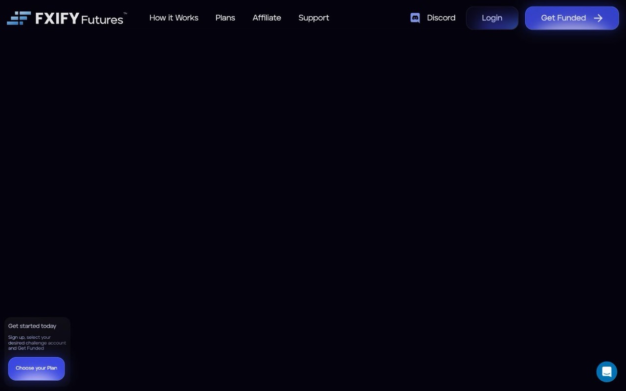 FXIFY Futures homepage hero with the get-funded headline and the site navigation
