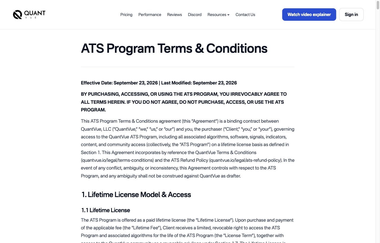 QuantVue ATS Program Terms and Conditions dated September 23, 2026.
