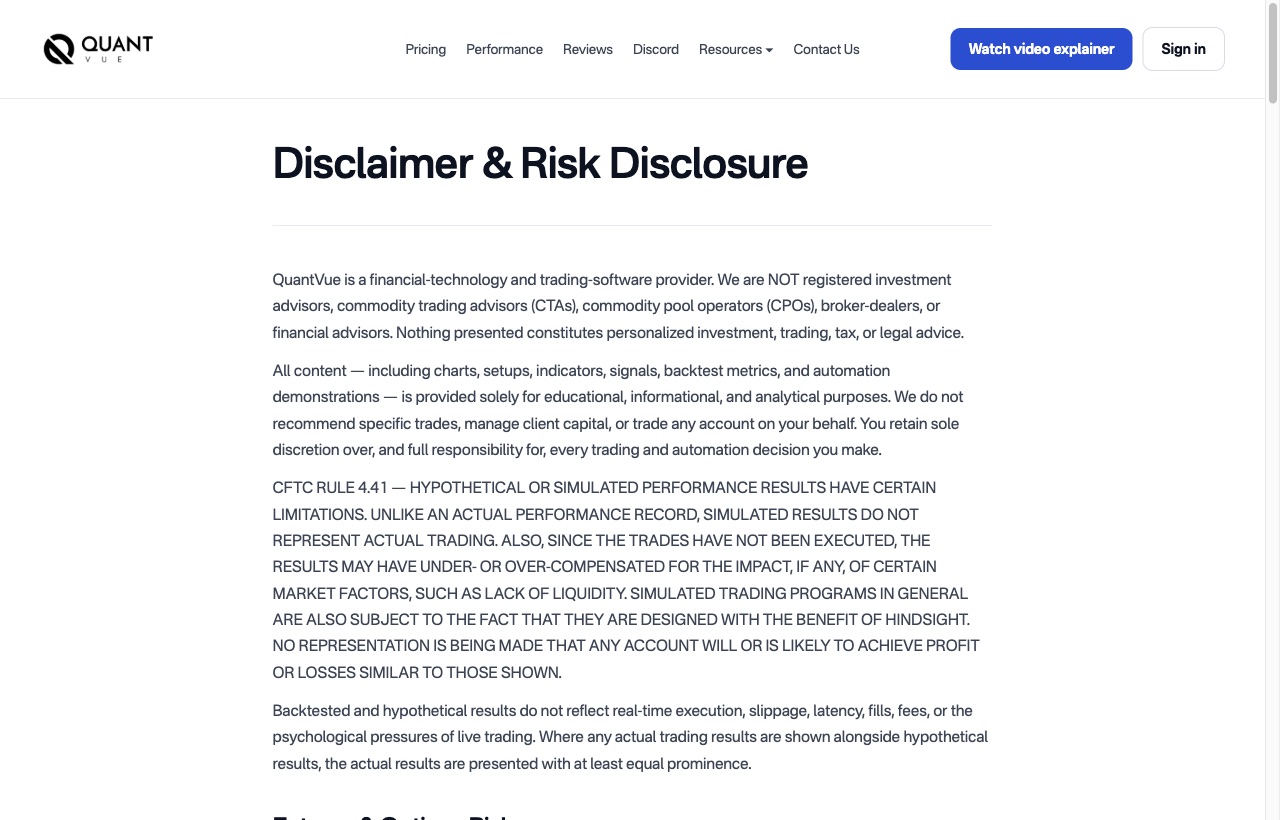 QuantVue public disclaimer and risk disclosure about simulated performance.
