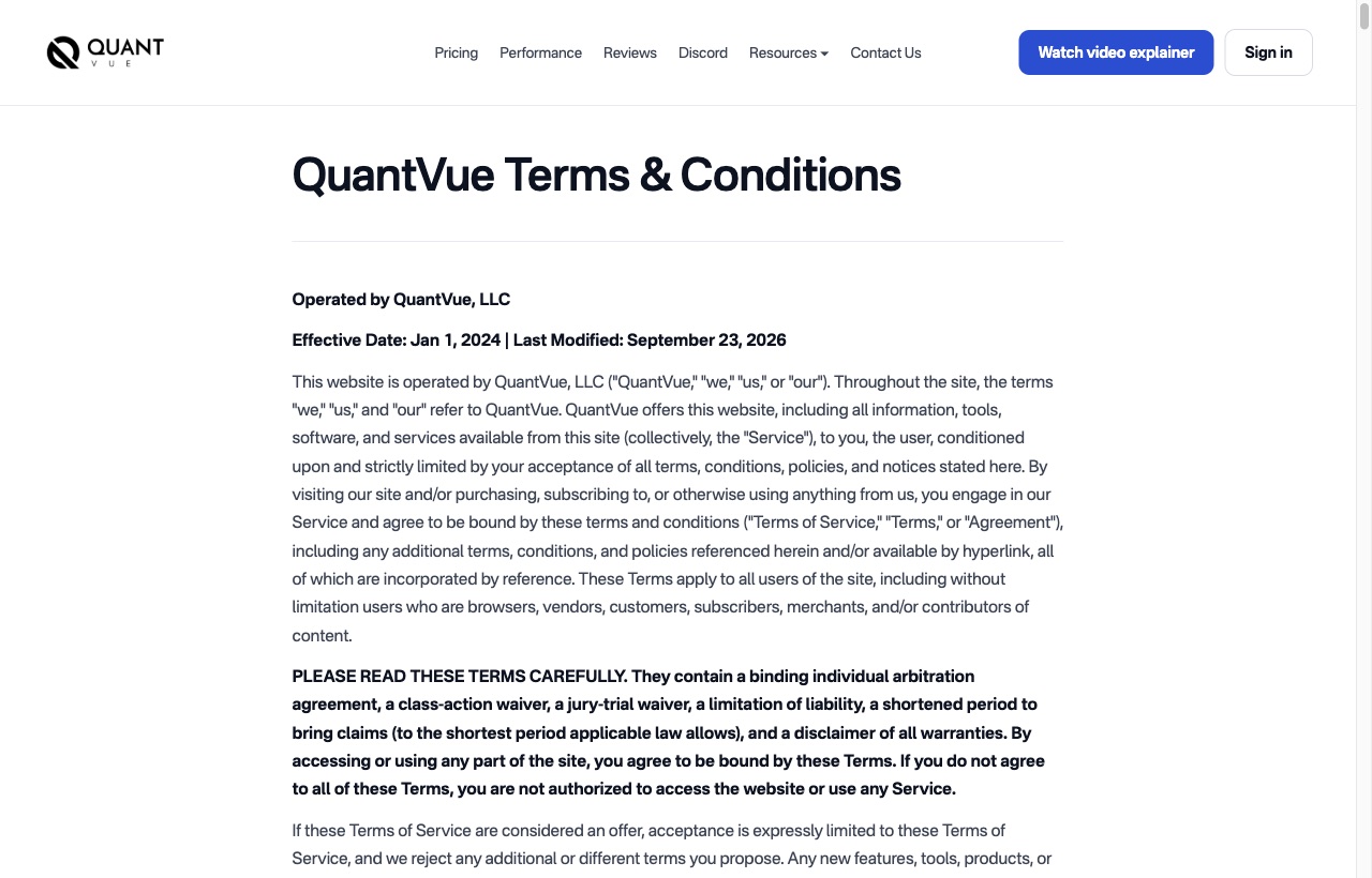 QuantVue general terms and conditions last modified September 23, 2026.