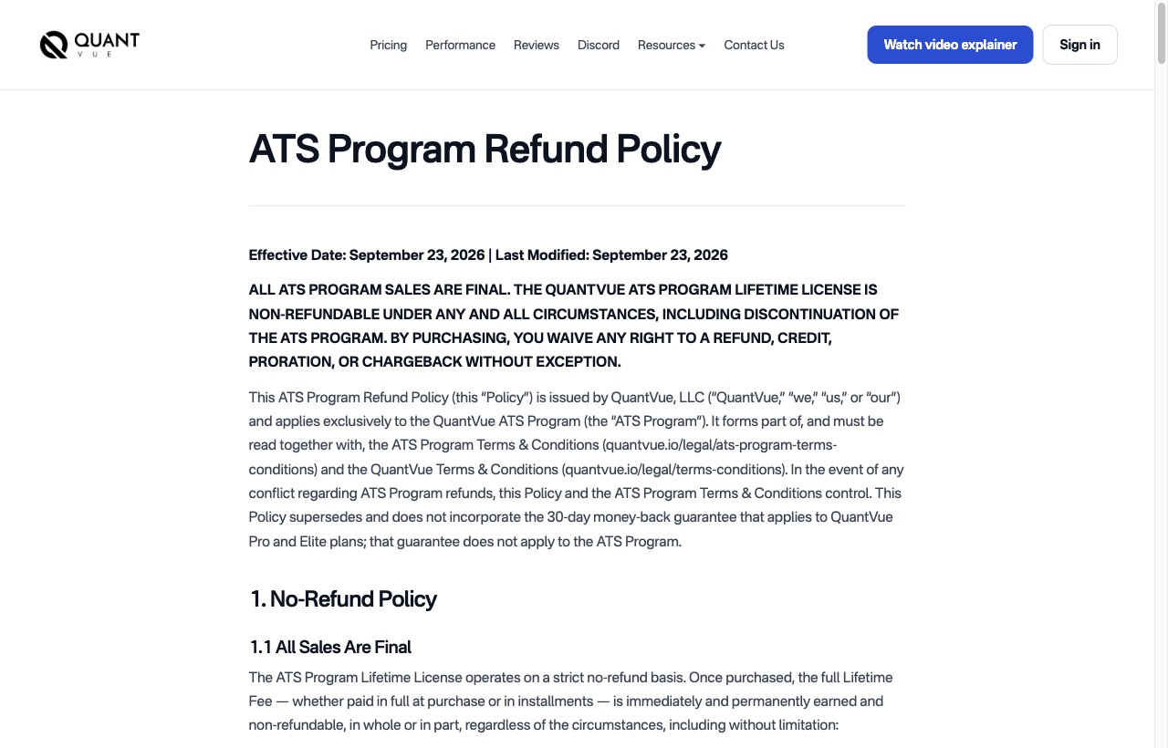 QuantVue ATS refund policy showing its September 23, 2026 date and all-sales-final statement.